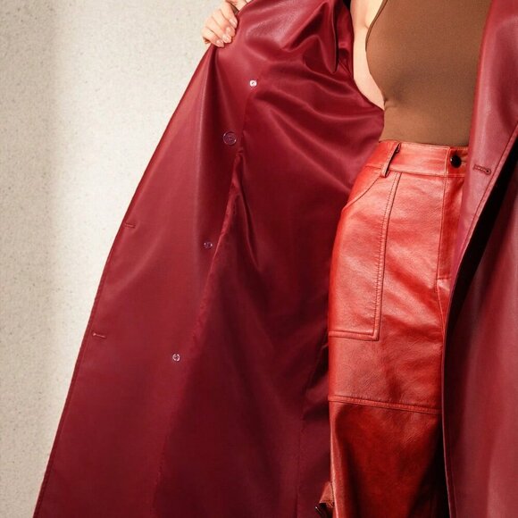 Red Elegant Women's faux leather Double Breasted belted Long Trench Coat - Picture 7 of 7